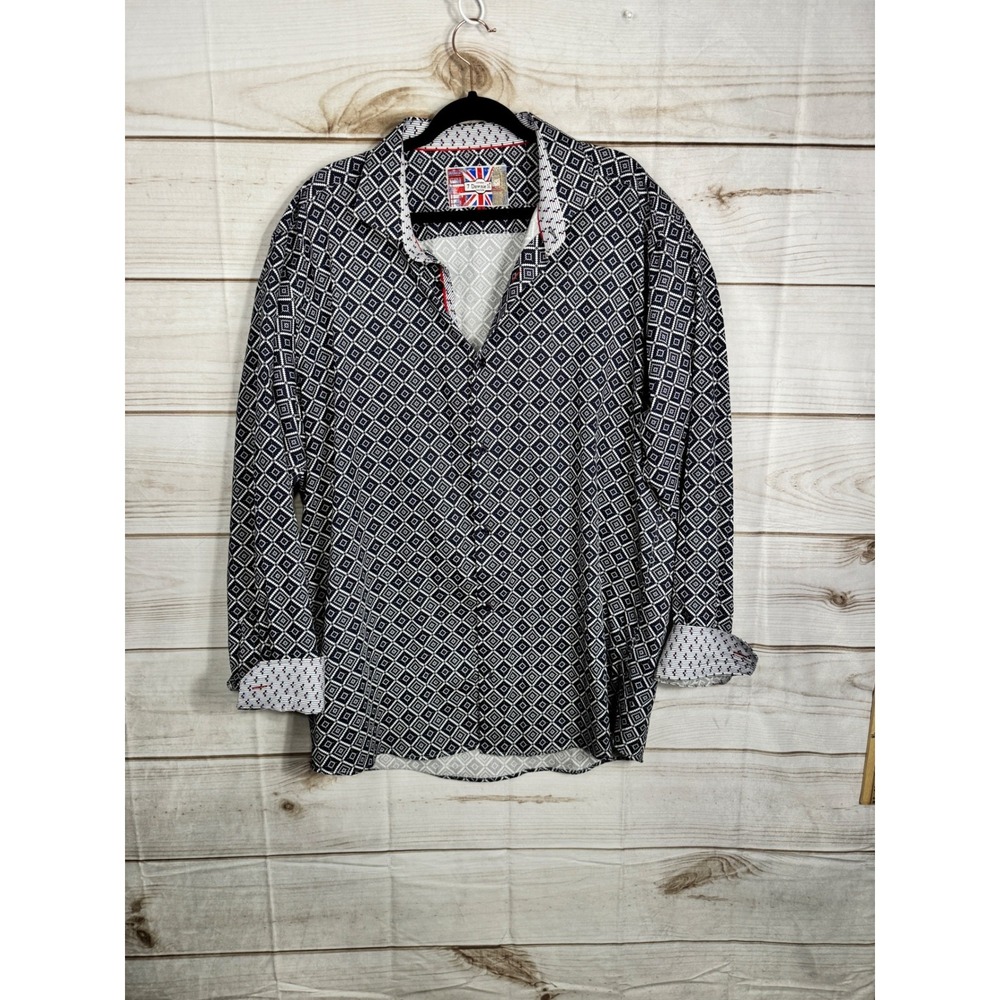 7 Downie St Couture Mens Navy Geometric Diamond Print Button Down Shirt Size 8